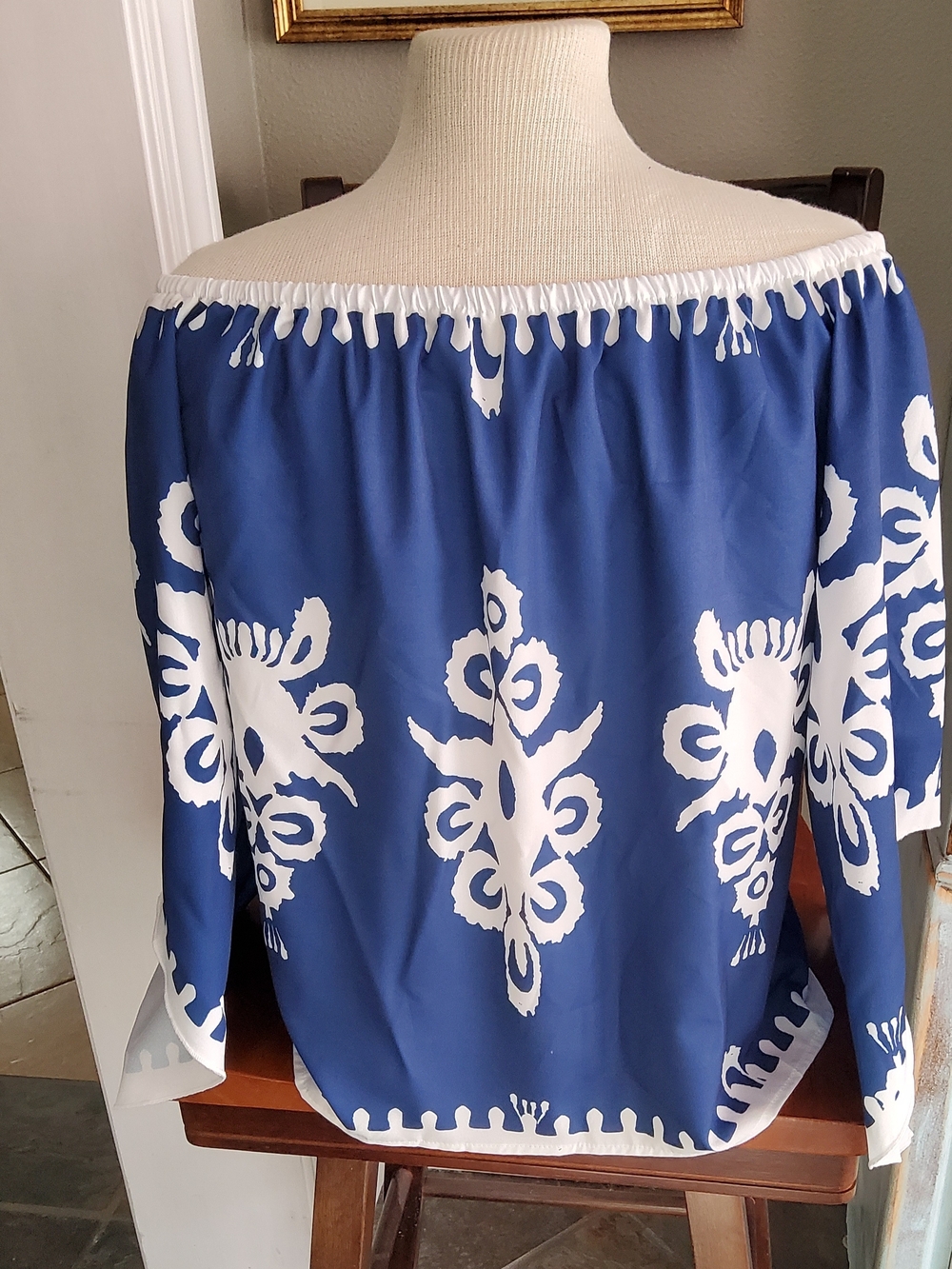 Off-Shoulder Blue and White Printed Women’s Top